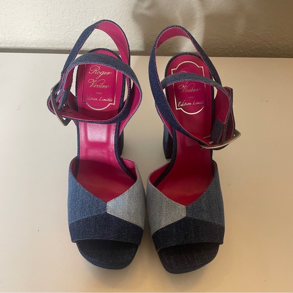 NEW ROGER VIVIER Prismick color-block denim platform sandals 37 - Picture 5 of 6
